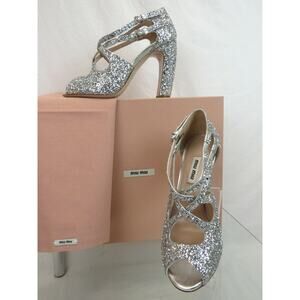 MIU MIU PRADA SILVER GLITTER LEATHER 5K880C BUCKLE CRISSCROSS PEEP TOE PUMPS 36